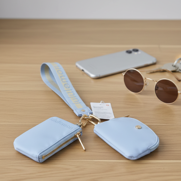 Lululemon Dual Pouch Wristlet Baby Blue Gold Wallet Keychain Coin Purse
