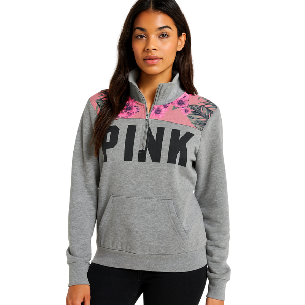 Victoria’s Secret PINK Floral Quarter Zip Pullover Gray
