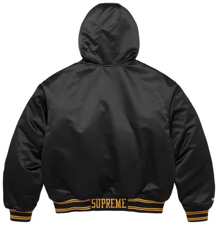 Supreme x Mitchell & Ness Lined Hooded Satin Varsity Jacket – Black (2025)