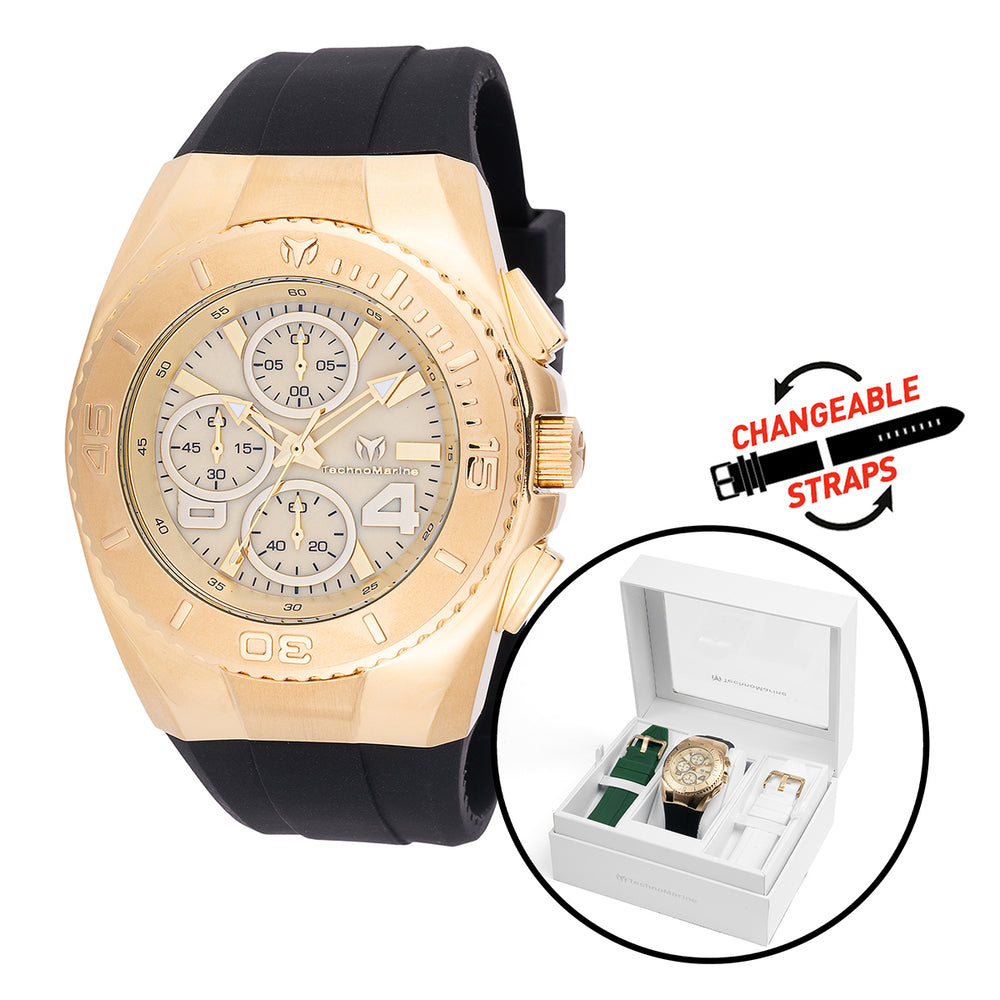 TechnoMarine Cruise Original Men’s Watch – 43 mm, Black/White/Green w/ Mother of Pearl Dial & Interchangeable Strap